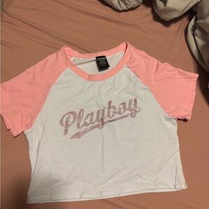 PLAYBOY Pink and White Short Sleeve Cropped Tee